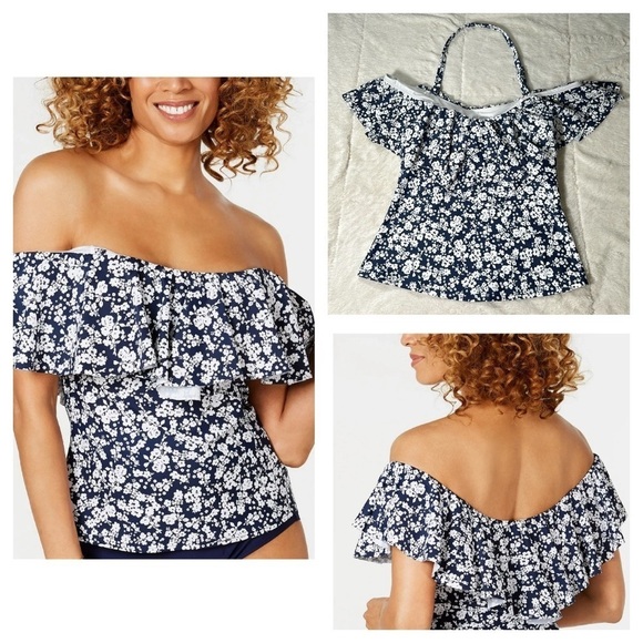 Island Escape Bliss Printed La Flor Ruffled Off-the-Shoulder Tankini Top 6 NEW - Picture 1 of 16